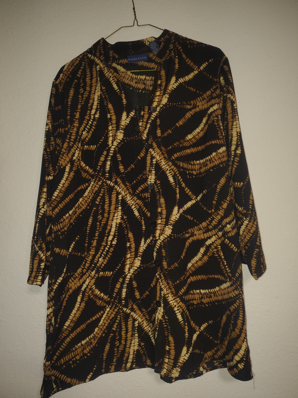 Karen Scott Black and Gold Abstract Open Duster
